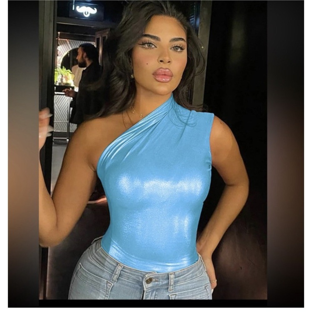 Blue Metallic Faux Leather One-Shoulder Bodysuit - Size 4/6